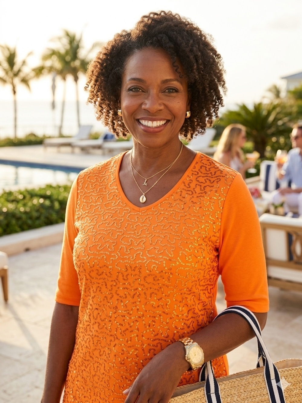 Quacker Factory Women’s Preppy Colorful Orange Sequins V- Neck Tee Size Large